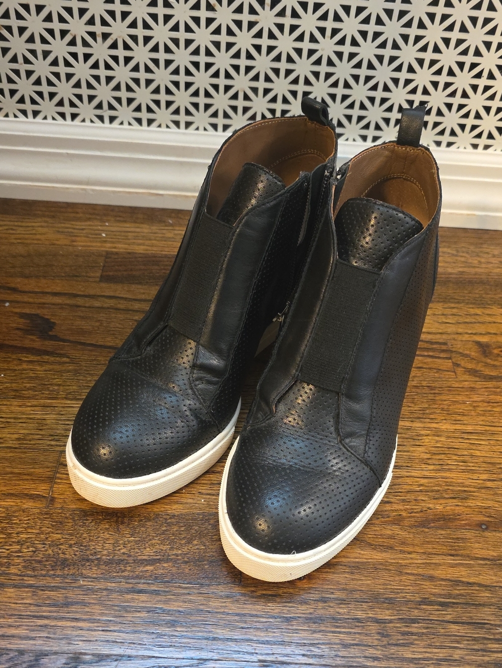 Black Perforated Leather Wedge Sneaker with White Sole Linea Paola size 5.5